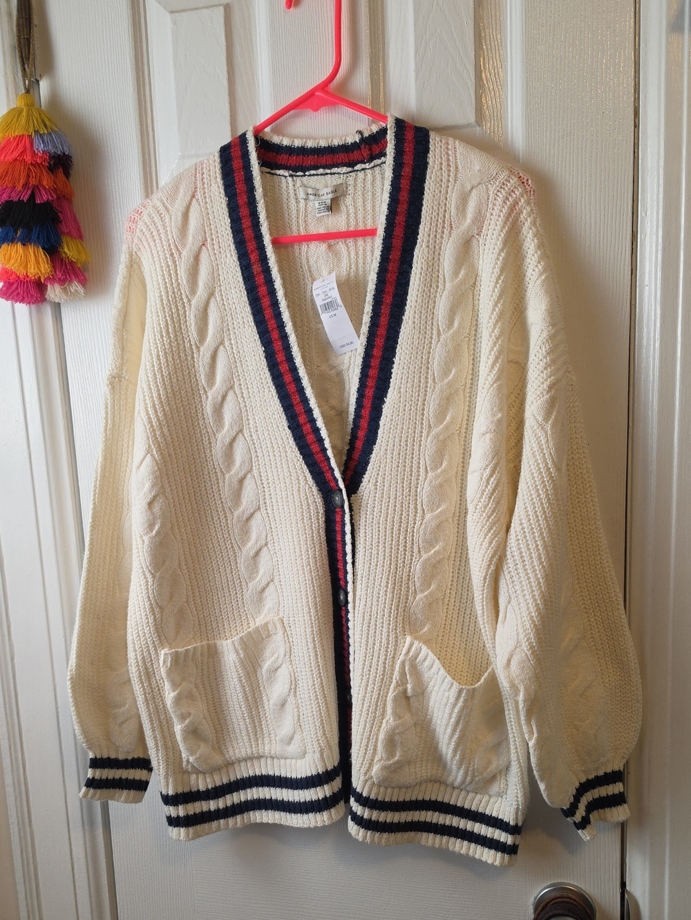NWT American Eagle Outfitters Cream Cable Knit Cardigan with Navy & Red Trim
